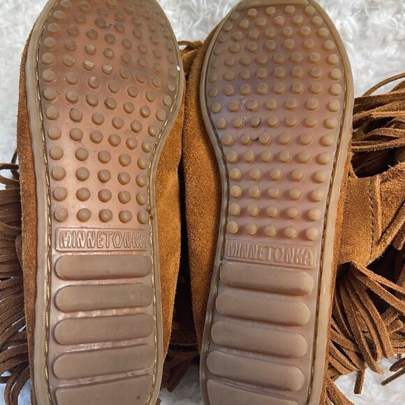 MINNETONKA Brown leather suede3 layer Tier Fringe Moccasin Boots side zipper SZ7 - Picture 9 of 10
